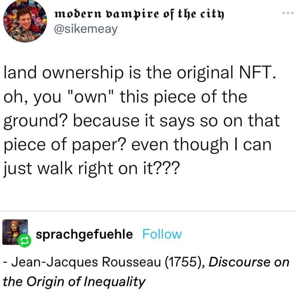 This meme is a humorous take on the concept of NFTs (non-fungible tokens) and their perceived value. The image is a screenshot of a Twitter post that reads: "I just bought an NFT of a picture of a picture of the Mona Lisa" and "I just bought an NFT of a picture of a picture of the Mona Lisa, I'm not even mad, that's how the meta is".